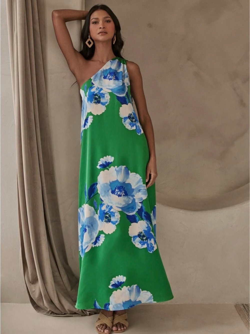 Fancy Boutique SugarLips One Shoulder Green Maxi Dress with Floral Print XS